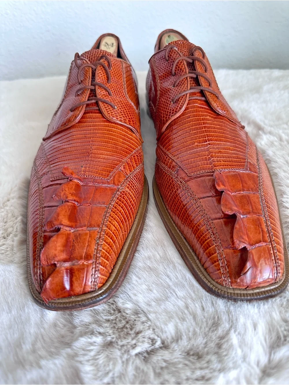 Belvedere Genuine Crocodile & Caiman Lizard Skin Oxford Dress Shoes sz 13 Orange